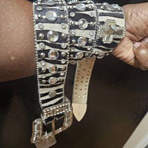 Embellished Zebra Print Cross Belt with Rhinestones Size Small Black and White
